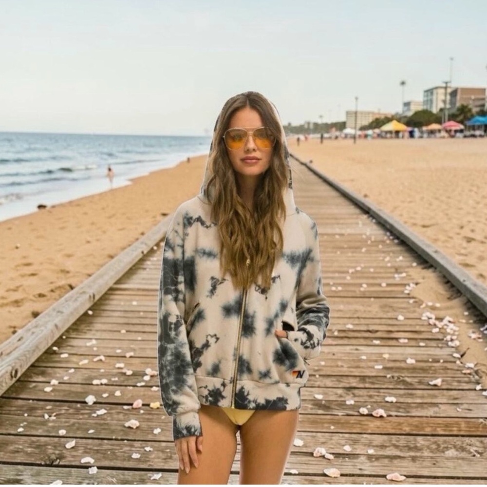 Aviator Nation Cream and Black Tie-Dye Zip Hoodie